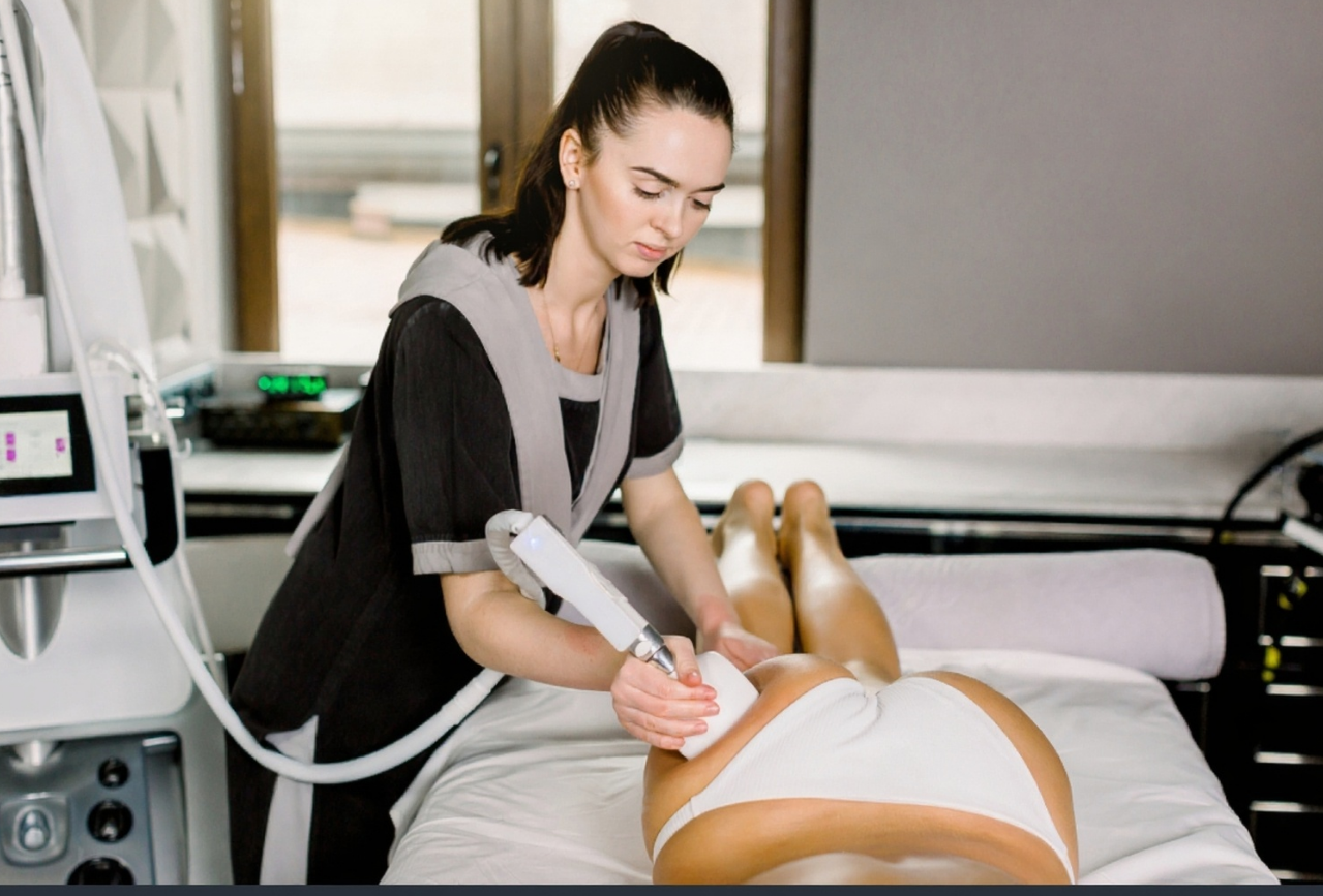 sleek professional beauty machine on white pedestal in modern clinic setting