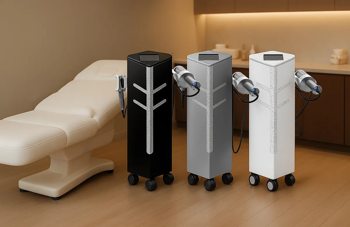 sleek beauty equipment on glossy white surface with soft lighting and modern feel