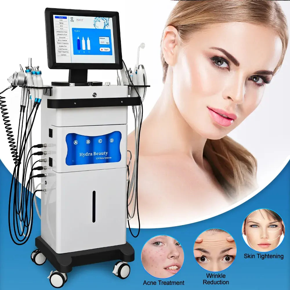 15 in 1 Multifunction Hydrafacial Dermabrasion Facial Hydrodermabrasion Ultrasonic Skin Testing Machine With Big Mechanical Pump hongruibeauty